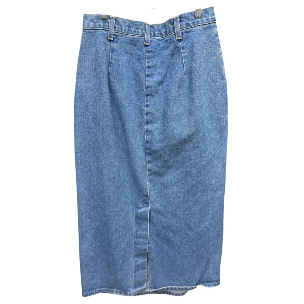 Vintage Denim Midi Skirt Pleated Front with Pockets Sz 10 - Picture 2 of 5